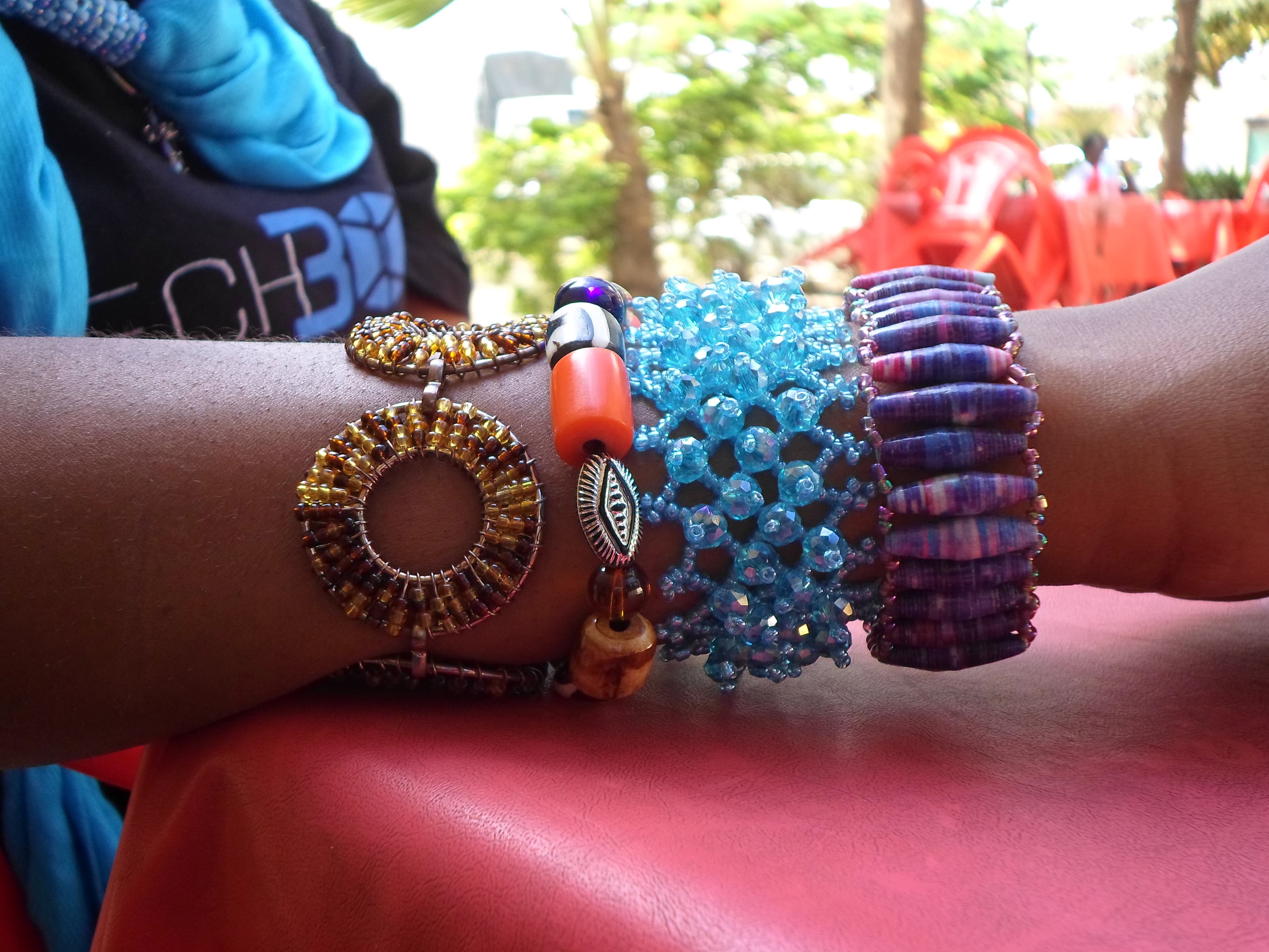 Colorful beaded bracelets photographed in Tanzania; a craft reference